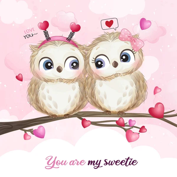 Cute Doodle Owl Valentine Day Illustration — Stock Vector