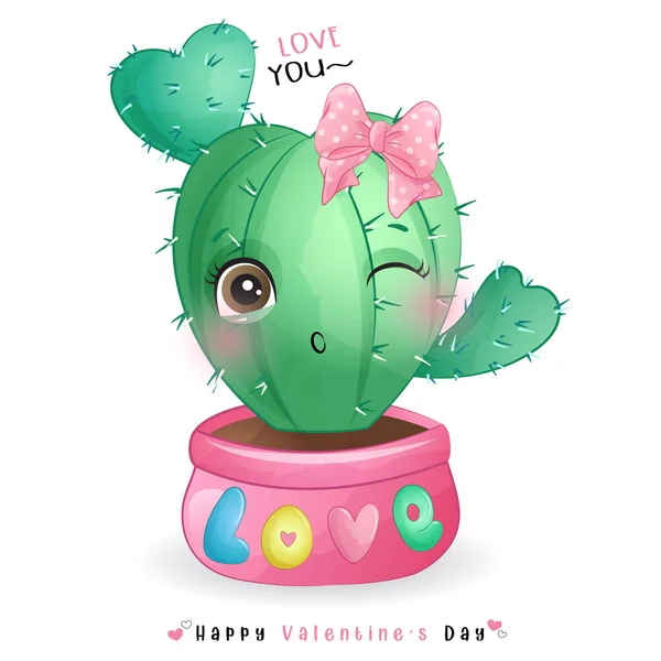 Lindo Cactus Garabato Para Día San Valentín — Vector de stock