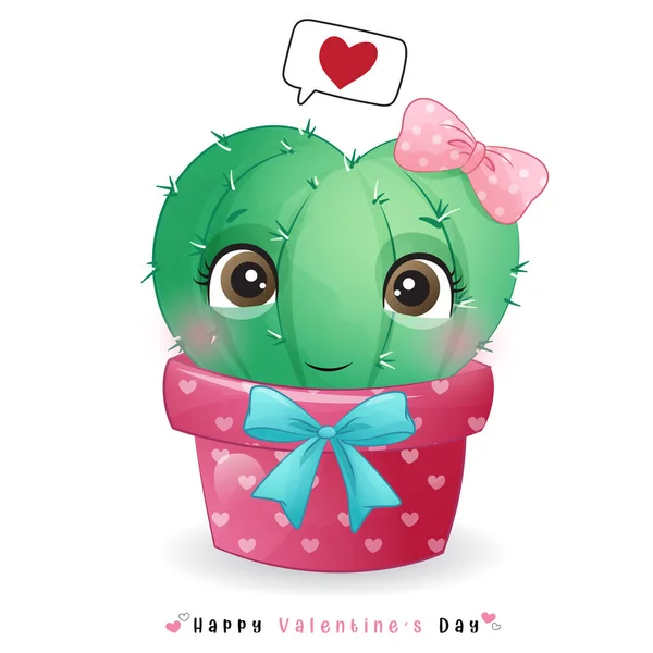 Lindo Cactus Garabato Para Día San Valentín — Vector de stock