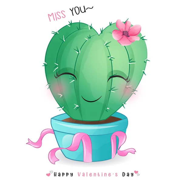 Carino Doodle Cactus San Valentino — Vettoriale Stock