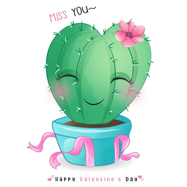 Lindo Cactus Garabato Para Día San Valentín — Vector de stock