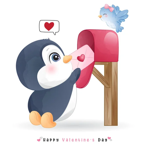 Cute Doodle Penguin Valentine Day — Stock Vector