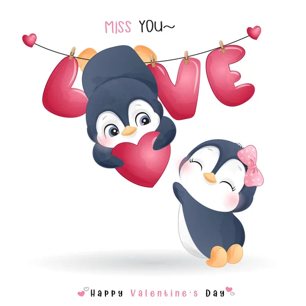 Niedlicher Doodle Pinguin Zum Valentinstag — Stockvektor