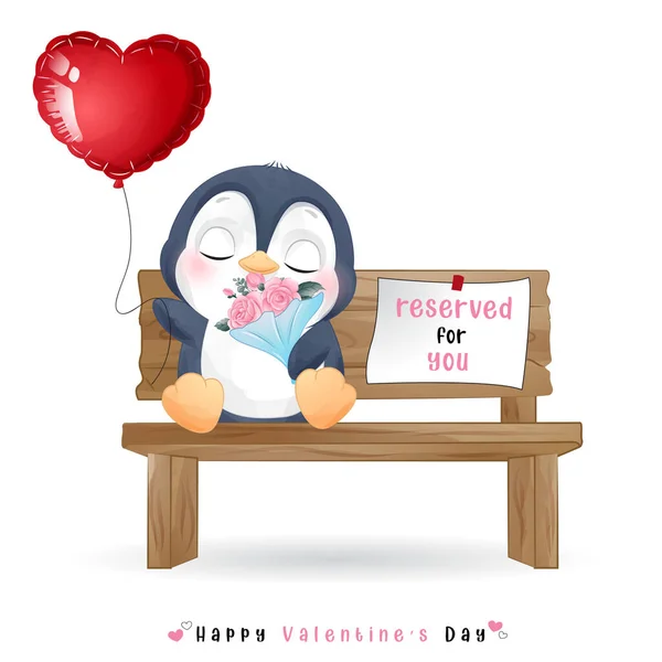 Carino Doodle Pinguino San Valentino — Vettoriale Stock