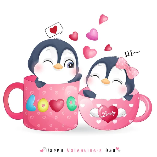 Lindo Pingüino Garabato Para Día San Valentín — Archivo Imágenes Vectoriales