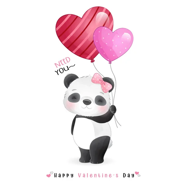 Leuke Doodle Panda Voor Valentijnsdag — Stockvector