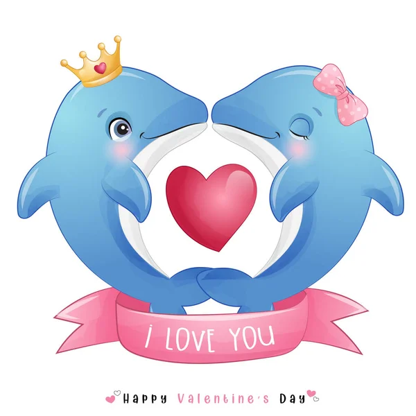 Χαριτωμένο Doodle Δελφίνι Για Την Ημέρα Του Αγίου Βαλεντίνου — Διανυσματικό Αρχείο