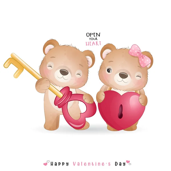 Carino Doodle Bear San Valentino — Vettoriale Stock