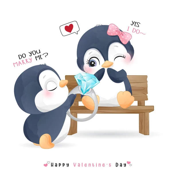 Lindo Pingüino Garabato Para Día San Valentín — Archivo Imágenes Vectoriales