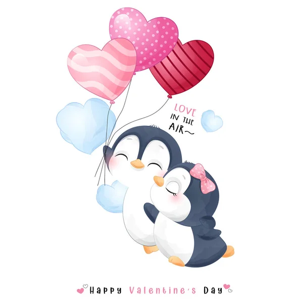 Leuke Doodle Pinguïn Voor Valentijnsdag — Stockvector