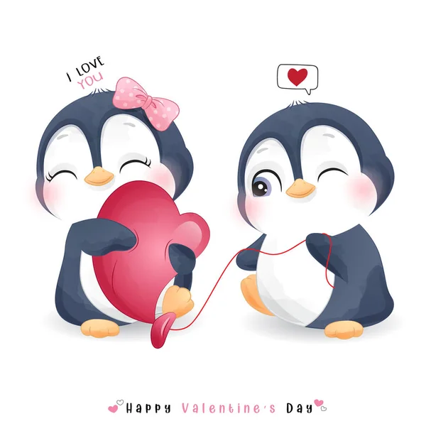 Lindo Pingüino Garabato Para Día San Valentín — Archivo Imágenes Vectoriales