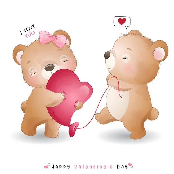 Carino Doodle Bear San Valentino — Vettoriale Stock