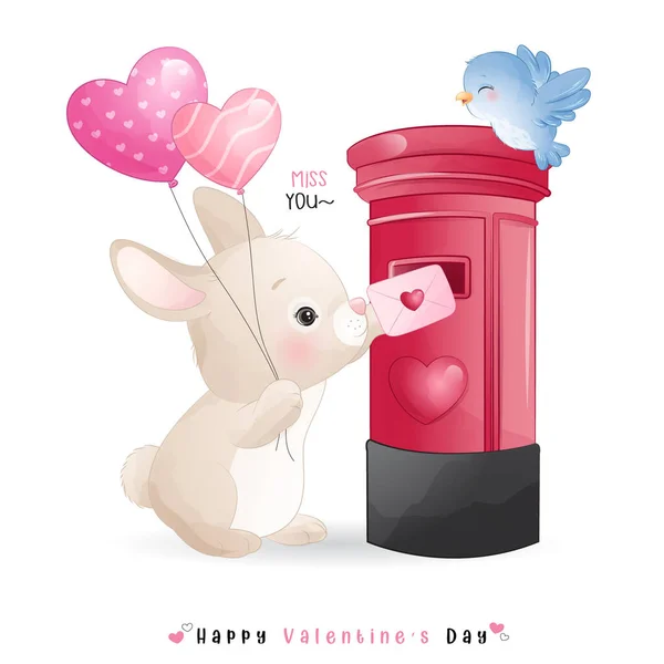 Schattig Doodle Konijntje Voor Valentijnsdag — Stockvector