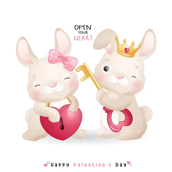Carino Doodle Bunny Giorno San Valentino — Vettoriale Stock