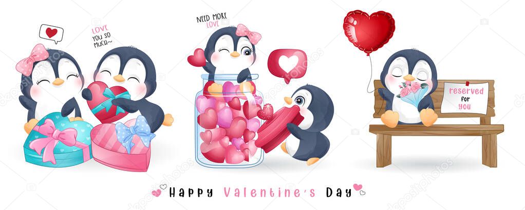 Cute doodle penguin for valentine's day collection