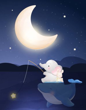 Şirin karalama fili ve suluboya resimli küçük tavşan.