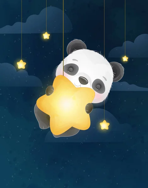 Cute Doodle Panda Akwarelą Ilustracji — Wektor stockowy