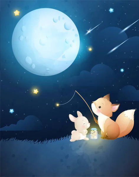 Niedlicher Doodle Fuchs Und Kleiner Hase Mit Aquarell Illustration — Stockvektor