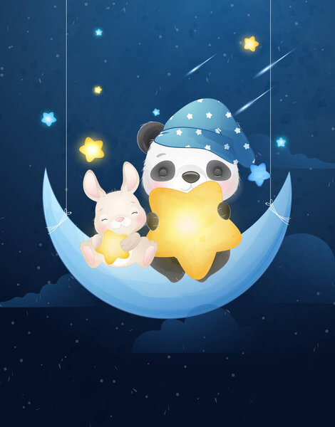 Симпатичные каракули панды и кролика с акварелью.