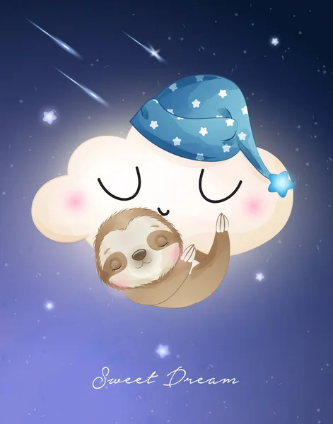 Carino Doodle Bradipo Dormire Nella Nuvola Con Acquerello Illustrazione — Vettoriale Stock