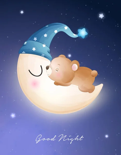 Mignon Ours Gribouillis Dormant Dans Lune Avec Illustration Aquarelle — Image vectorielle