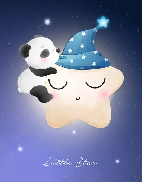 Leuke Doodle Panda Slapen Wolk Met Aquarel Illustratie — Stockvector