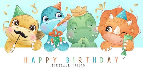 Roztomilý Dinosaurus Oslava Narozeniny Party Akvarelem Ilustrace — Stockový vektor