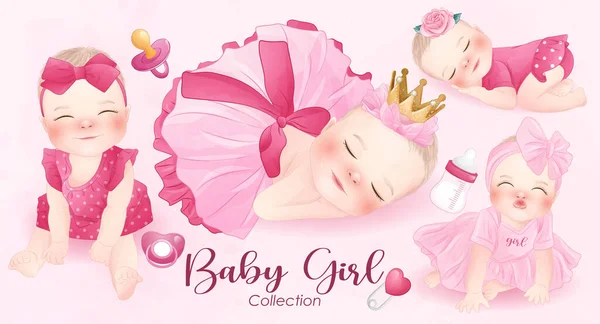 Schattig Baby Meisje Met Aquarel Collectie — Stockvector