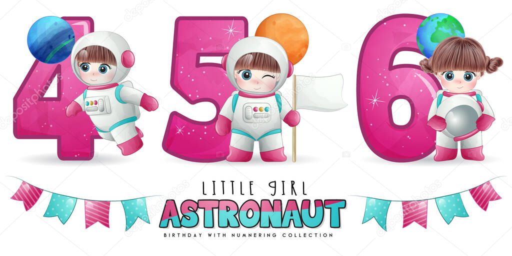 Cute girl astronaut with numbering illustration set