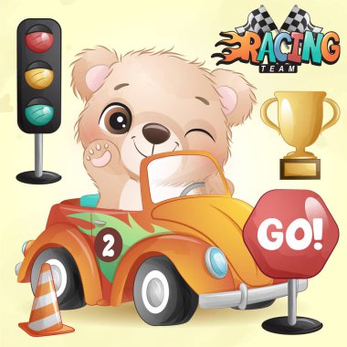 Yarış arabası çizimi olan şirin bir karalama ayısı.