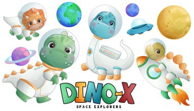 Suluboya resimli şirin dinozor astronotu.