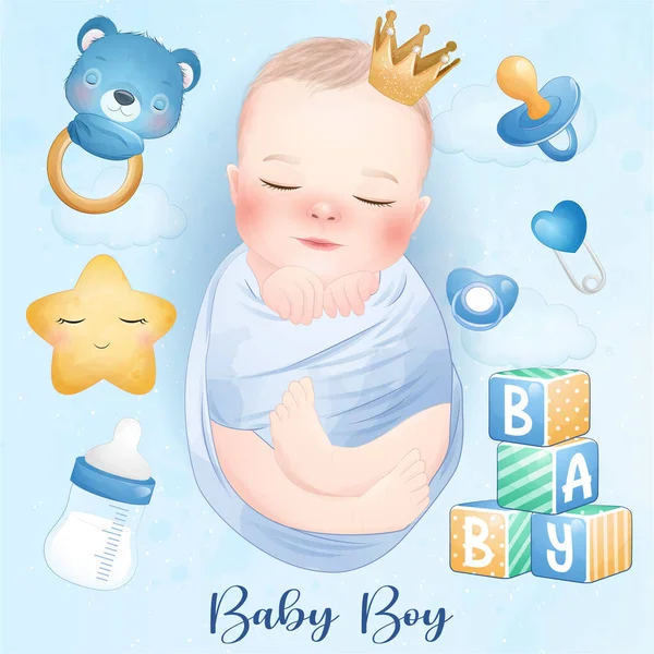 Cute Baby Boy Watercolor Illustration — Stock Vector