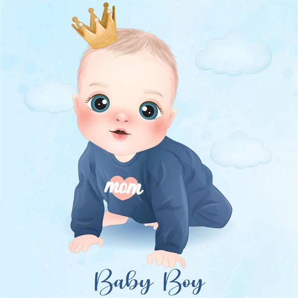 Schattige Baby Jongen Met Aquarel Illustratie — Stockvector