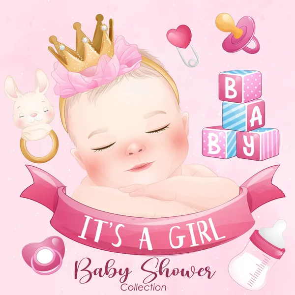 Cute Baby Girl Watercolor Illustration — Stock Vector