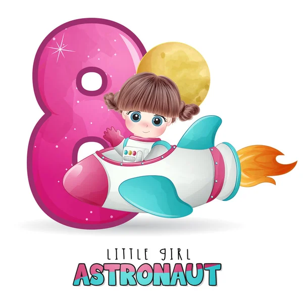 Cute Little Girl Astronaut Numbering Illustration — Stock Vector