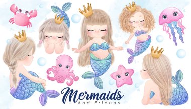 Cute doodle mermaid and friends with watercolor illustration set clipart