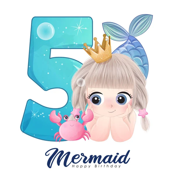 Carino Doodle Sirena Con Numero Illustrazione Della Festa Compleanno — Vettoriale Stock