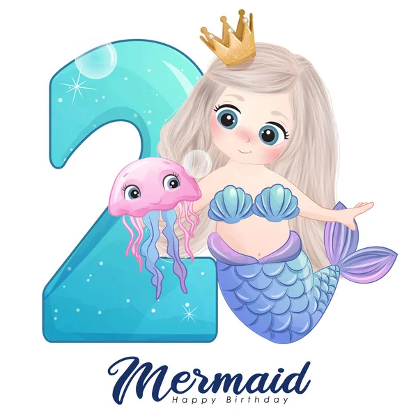Carino Doodle Sirena Con Numero Illustrazione Della Festa Compleanno — Vettoriale Stock