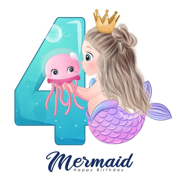 Doğum günü partisi illüstrasyonu için numarası olan sevimli karalama denizkızı.