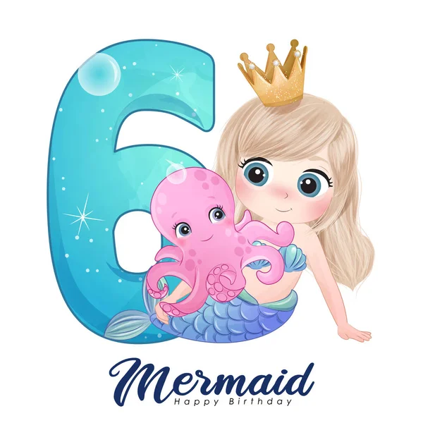 Doğum günü partisi illüstrasyonu için numarası olan sevimli karalama denizkızı.