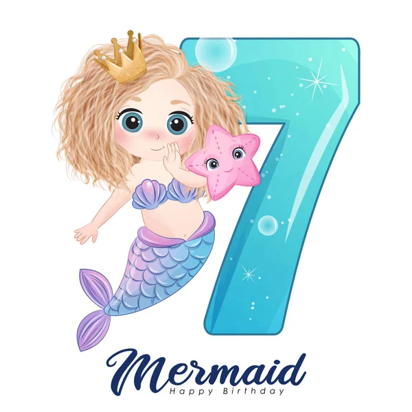 Carino Doodle Sirena Con Numero Illustrazione Della Festa Compleanno — Vettoriale Stock