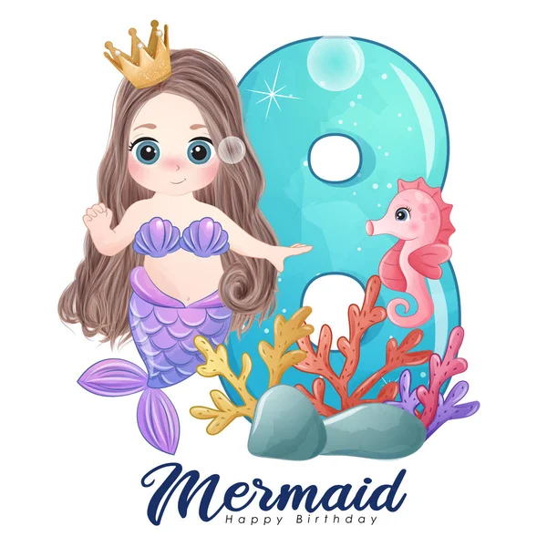 Doğum günü partisi illüstrasyonu için numarası olan sevimli karalama denizkızı.