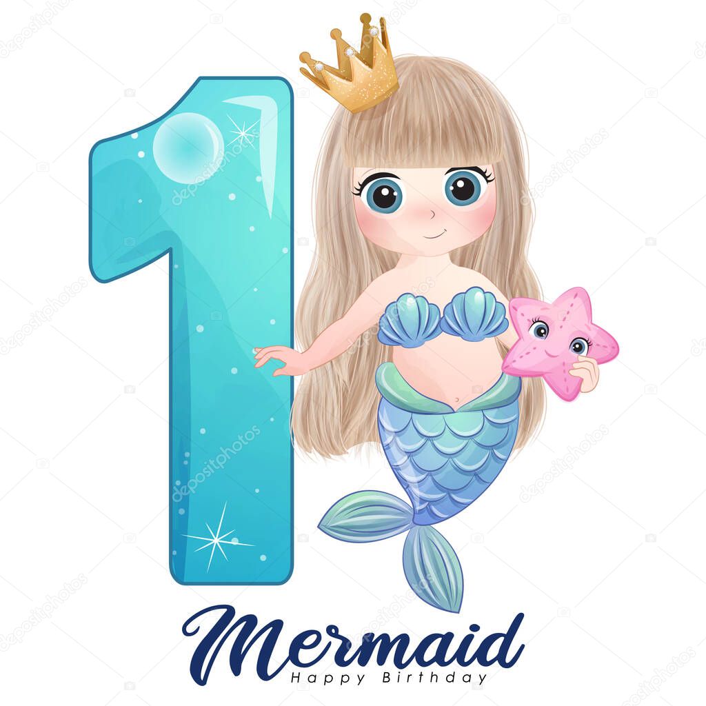 Cute doodle mermaid with number for birthday party illustration