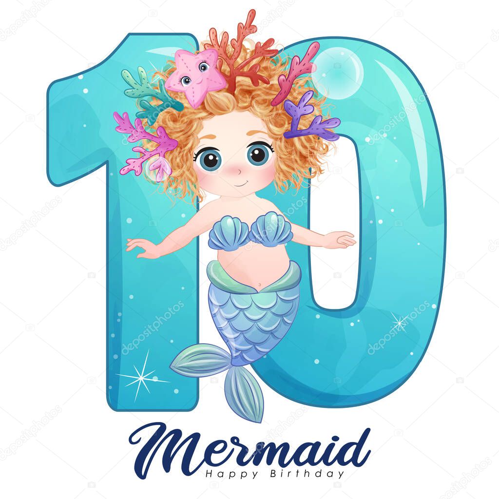 Cute doodle mermaid with number for birthday party illustration