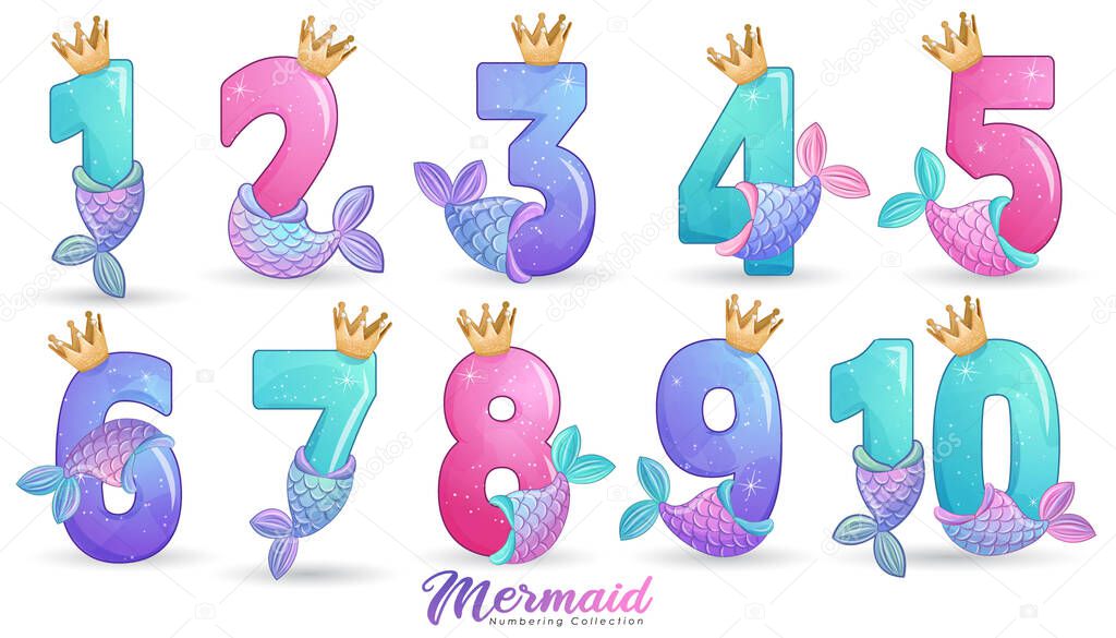 Cute mermaid style numbering for birthday party illustration set