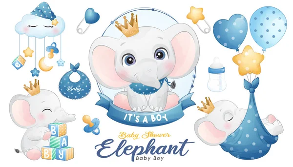 Chuveiro Bebê Elefante Doodle Bonito Com Conjunto Ilustração Aquarela —  Vetores de Stock