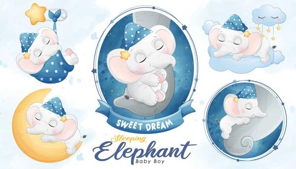 Söt Sovande Baby Elefant Med Akvarell Illustration Set — Stock vektor