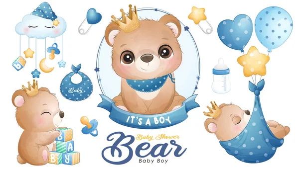 Nettes Doodle Bear Baby Dusche Mit Aquarell Illustration Set — Stockvektor