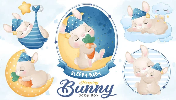 Carino Dormire Bambino Coniglietto Con Acquerello Illustrazione Set — Vettoriale Stock