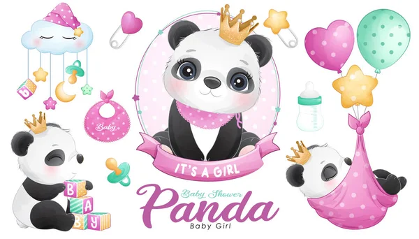 Niedliches Doodle Panda Baby Dusche Mit Aquarell Illustration Set — Stockvektor